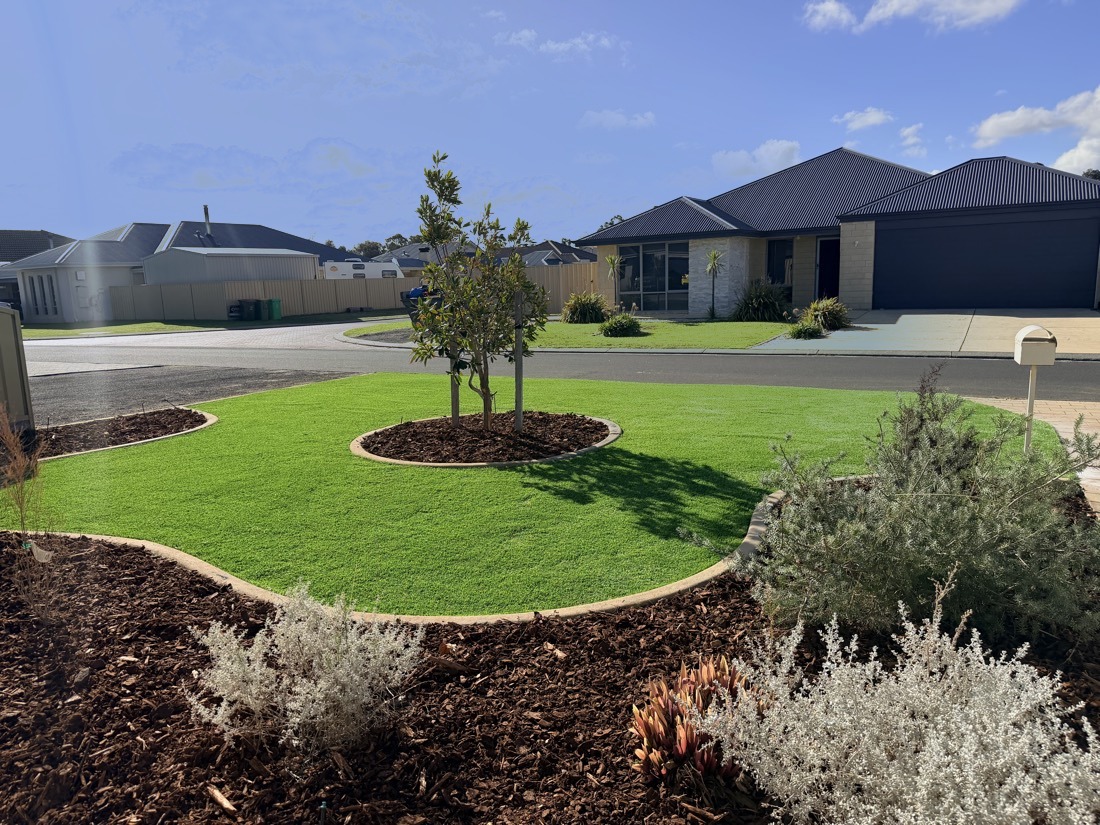 A finished Tiny Turf install: front yard with circular feature-tree garden beds, lush green artificial lawn, and a brick home in the background.
